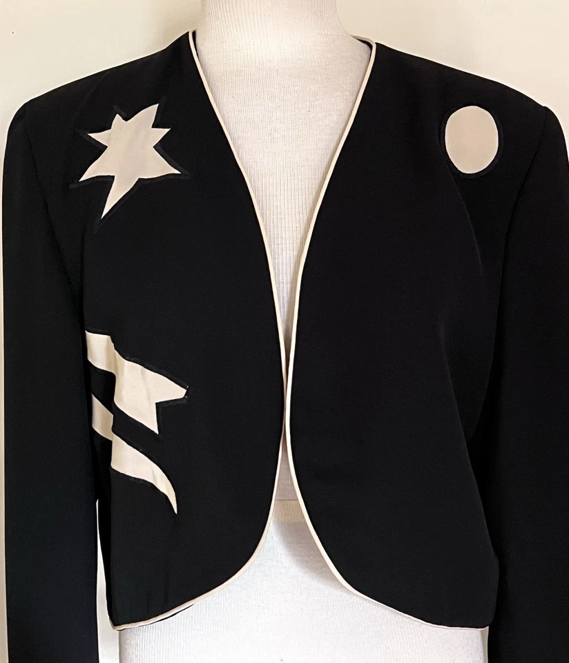 Chaqueta negra vintage años 80 Jeanne Marc apliques geométricos paloma arte para usar L 16/18 Foto 2 de 4