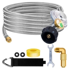 12FT Propane Regulator Hose with Gauge Stainless Braided, QCC1 Propane Adapter