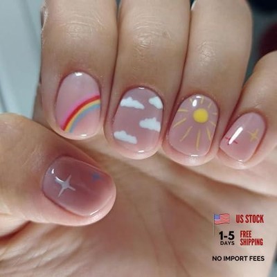 Nude Pink Press on Nails Summer Cute Short Coffin Fake Nails with Rainbow 6A