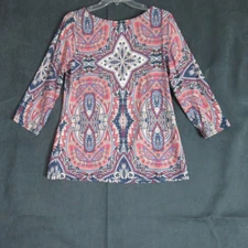 Charter Club Top Womens Size M Blue Pink Geometric Blouse Preppy Hipster Classic