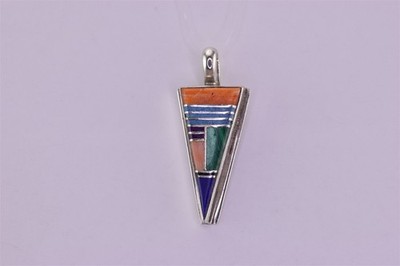 Native Amer Sterling Silver 24mm Mosaic Lapis Spiny Oyster Malachite 925 Pendant