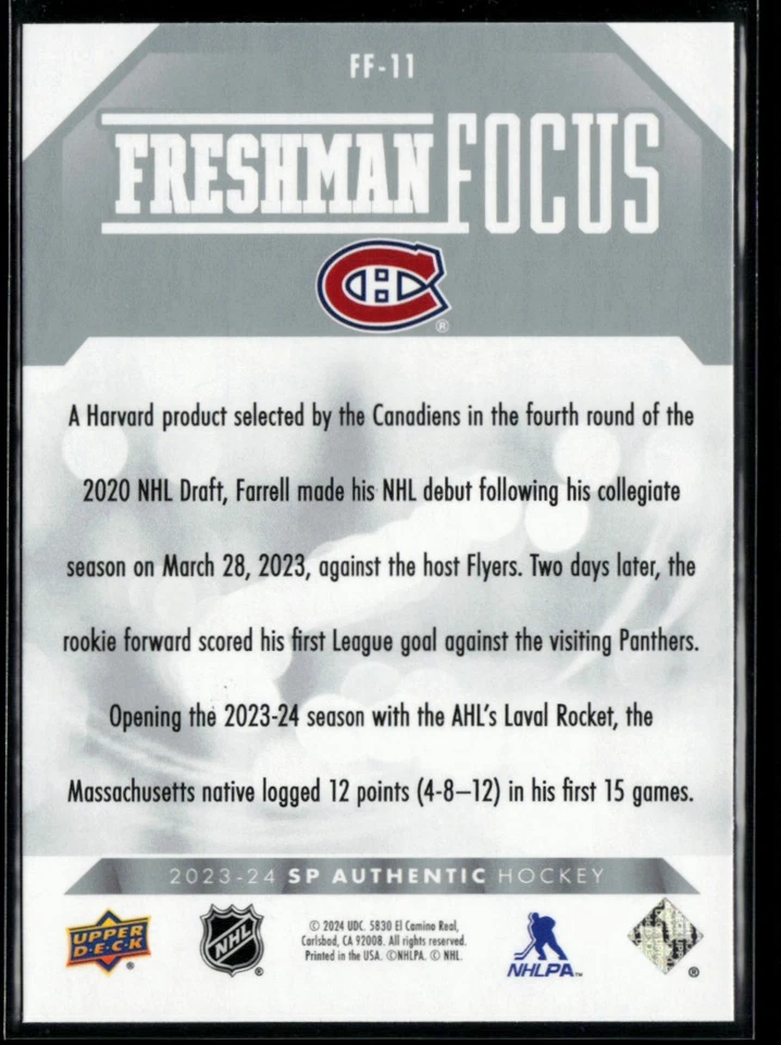2023-24 SP Authentic Freshman Focus #FF-11 Sean Farrell RC - Image 2 of 2