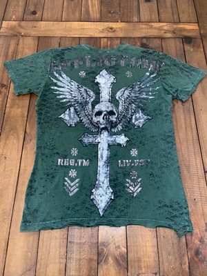 Vintage Affliction Shirt Mens Medium Green Inner Existence Skull Cross Y2