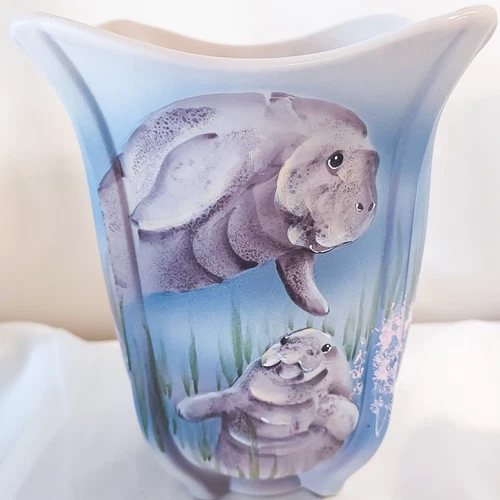 Fenton Hand Painted Artist Signed Limited Edition Manatee-Major Square Vase 2025