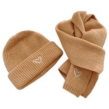 Solid Color Kids Knitted Hat Scarf Love Heart Embroidery Autumn Winter Warm J8A2