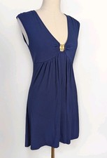 Trina Turk M Navy Sleeveless Plunging V Gold Metal Keyhole Detail Mini Dress