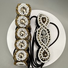 2 Women's Elastic Headbands with Gold, White Beading Rhinestones Festival Retro