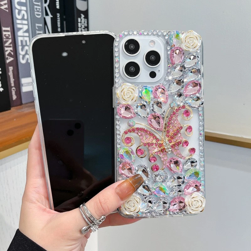 IPhone 16 Pro Case Rhinestone Butterfly Flower Design Full Cover Glitter Phone - Image 4 of 4