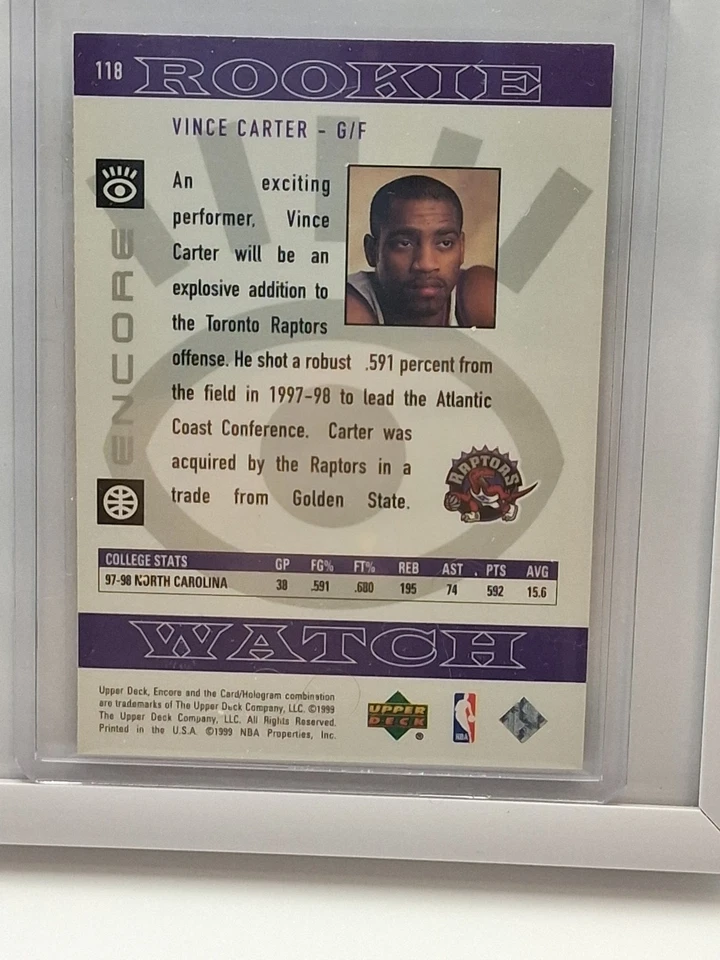1998-99 UD Encore Rookie Watch Vince Carter - Image 2 of 2
