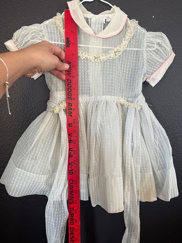 Vtg 1950s Blue Toddler Girl Party Dress Sheer Flocked Collar Nylon Square Dots - Picture 15 of 16
