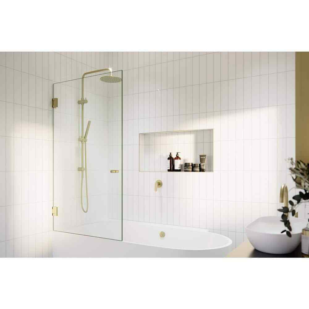 34 in. x 58 in. Frameless Glass Hinged Bathtub Door in Satin Brass 34 in. x 58 in. Frameless Glass Hinged Bathtub Door in Satin Brass