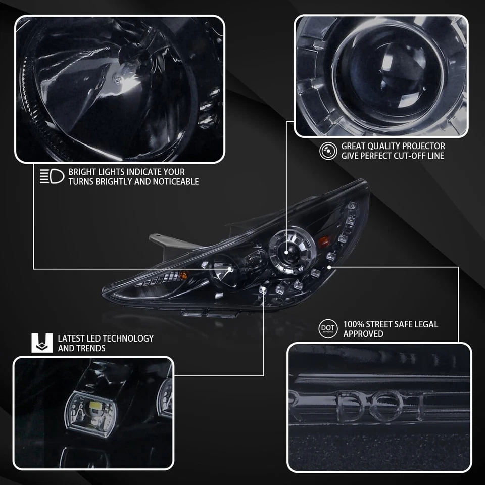 For 2011 2012 2013 2014 Hyundai Sonata LED Projector Headlights Dark Black - Image 3 of 4