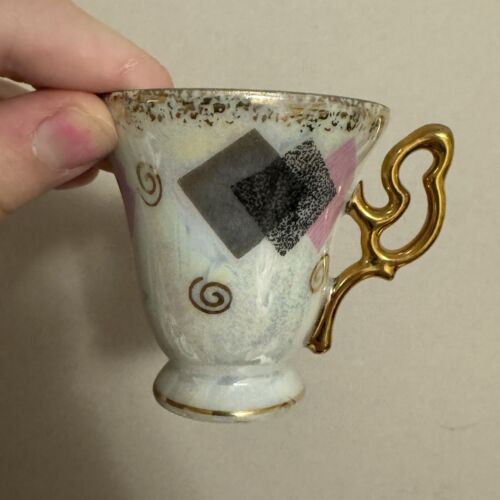 Tazza da tè e piatto geometrico vintage anni 50 metà secolo MCM rosa nero bordo oro Giappone - Foto 7 di 10