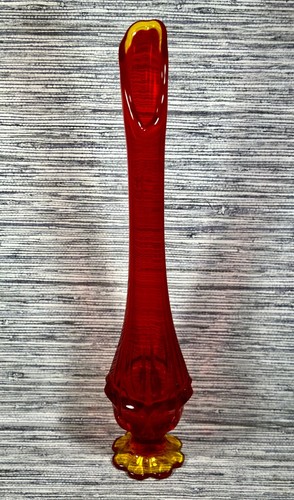 Vintage Fenton Valencia Orange Red Amberina Swung Stretch Art Glass Vase 15.25" - Picture 11 of 21
