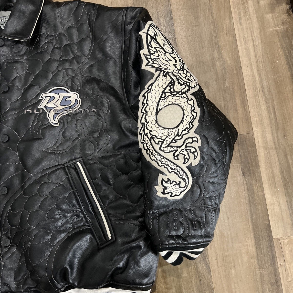 Vintage Raw Blue Leather Bomber Jacket Men 2XL Black Dragon