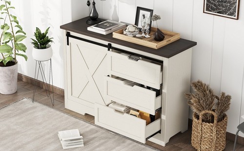 Bar Chest,Storage Cabinet W/ Silent Sliding Door and 3 Drawers,Barn Door Design - Picture 24 of 24