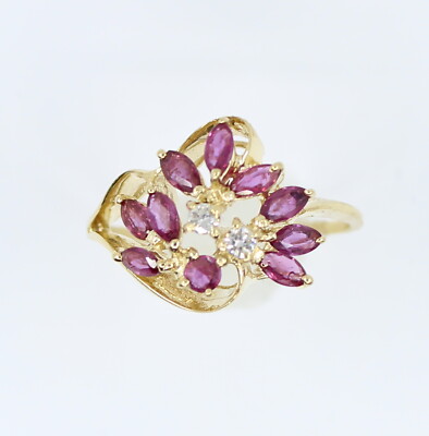 14K Gelbgold Rubin Diamant Cocktail Ring, 0,5Ct zierlicher minimalistischer Rubin Cluster