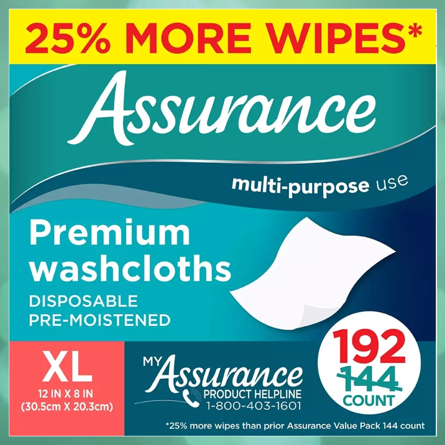 Assurance Premium Disposable Washcloths Pre-Moistened Body Wipes, XL,  192 Count