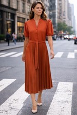 Sharagano Women s Rust Pleated Midi Dress Puf...