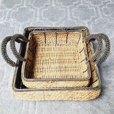 Square Wicker Nesting Baskets LOT OF 2 BLACK METAL HANDLES TRIM rustic cottage 