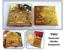 2 - Vintage Souvenir Alaska Gold Powder Compacts w Mirrors, Elgin & Wadsworth