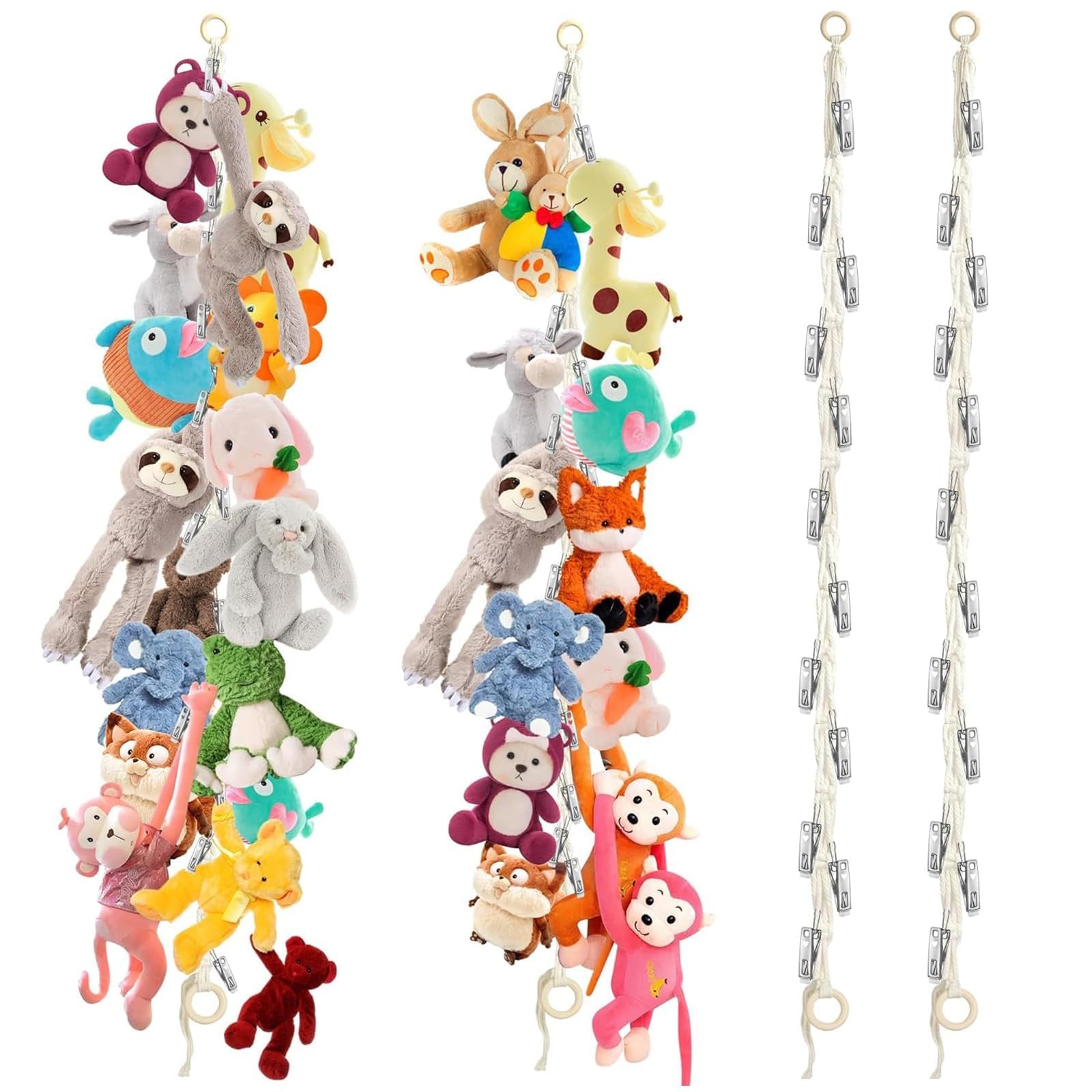 Rangement peluche double suspendu avec 20 pinces en bois amovibles haute capacité
