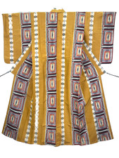 Vintage Japanese Kimono Cotton XS Mustard Yellow Red Black Geometric Robe Duster