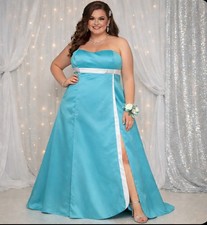 Alfred Angelo Strapless Satin Gown Blue Formal Dress White Trim Prom Wedding VTG