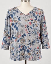 Alfred Dunner XL Floral V-Neck 3/4 Sleeve Stretch Knit Top Gray Blue Pink