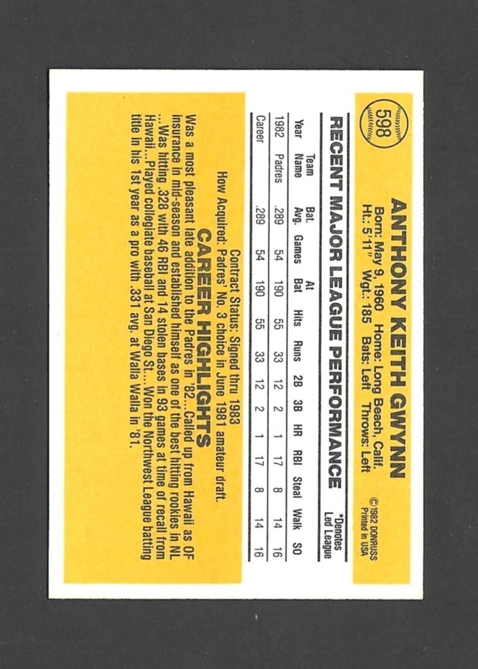 1983 DONRUSS SET-BREAK NO 598 ТОНИ ГВИНН (RC) САН-ДИЕГО ПАДРЕС ДЕБЮТАНТ HOF ПОЧТИ КАК НОВЫЙ - Изображение 2 из 2