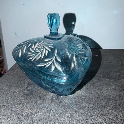 Vintage Capri Blue Hazel Atlas Glass Pinwheel Triangle Lidded Candy Trinket Dish