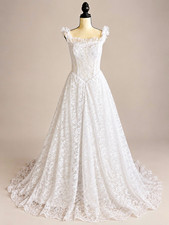 NWT White Lace Wedding Dress Bridal Gown Ruffle Straps Train Size 6