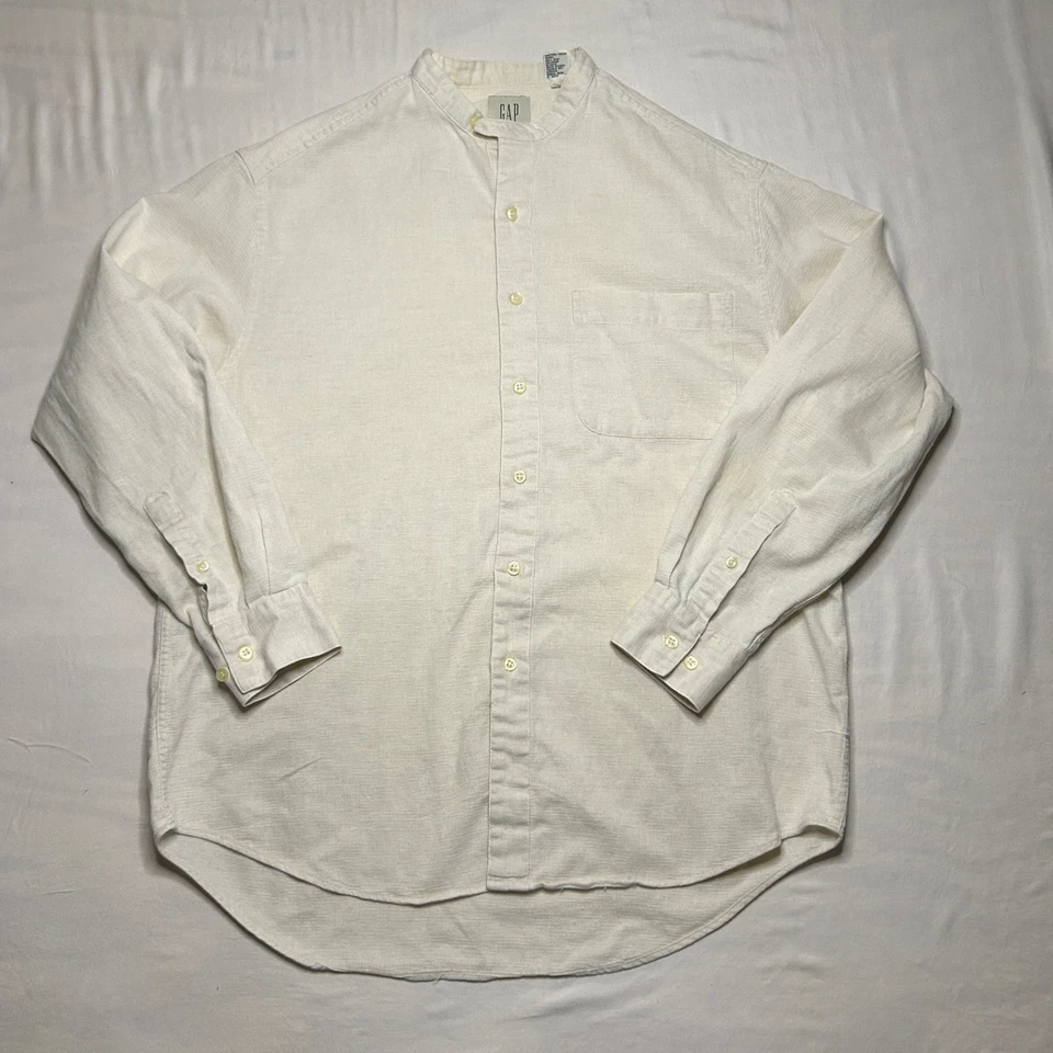 Camisa De Colección GAP Algodón Lino Para Hombres M Crema Manga Larga Cuello Banda Años 90 Talla Grande Foto 2 de 4