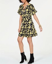 MICHAEL KORS Short Dress Chain Lace-Up Floral Tiered Ruffled Black Gold Yellow M