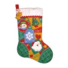 New Bucilla Seasonal Patchwork Christmas Stocking Finished Santa Snowman Sequins