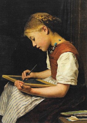 POSTKARTE / SCHULMÄDCHEN BEI DEN HAUSAUFGABEN 1879 / POSTCARD / ALBERT ANKER