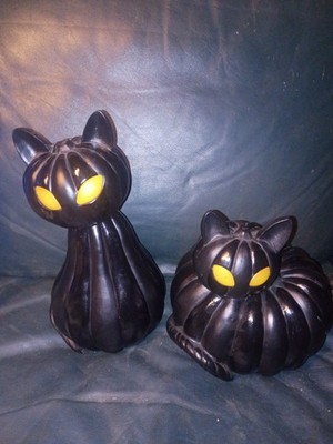 2 Members Mark Black Cat Pumpkins Orange Flickering Eyes LED EXCELLENT CONDITION
