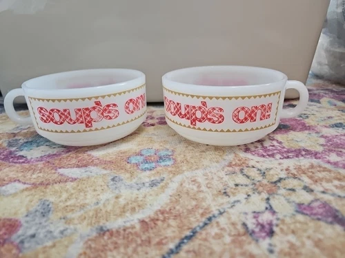 Glasbake Milk Glass Soup Chili Bowl Soup's On! Red Gingham Kitchen Set of 2 