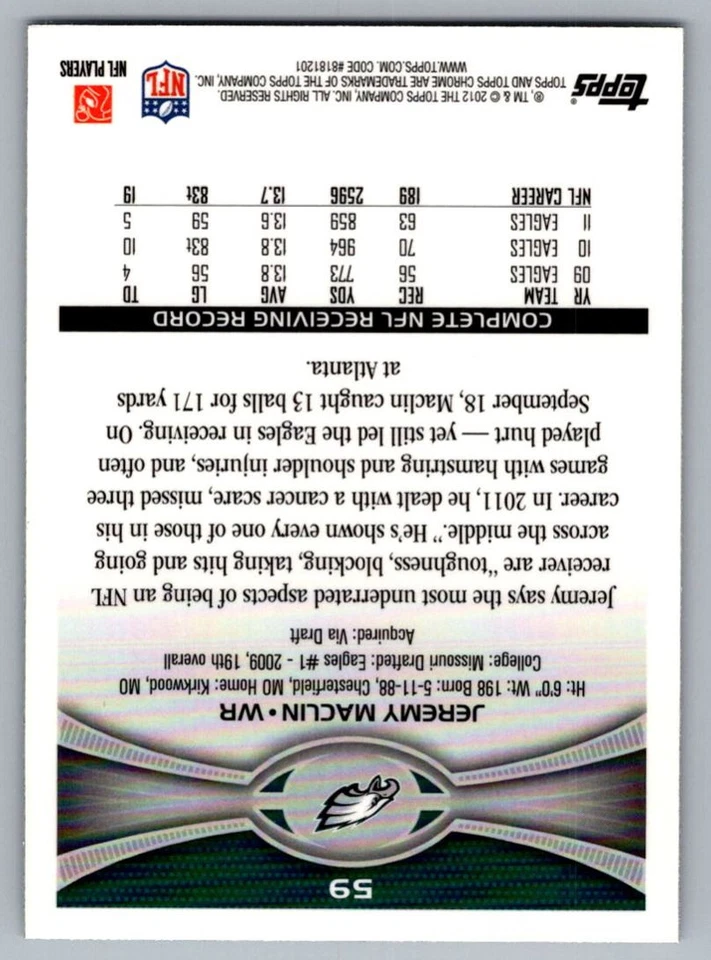 2012 Topps Chrome Jeremy Maclin Philadelphia Eagles #59 - Image 2 of 2