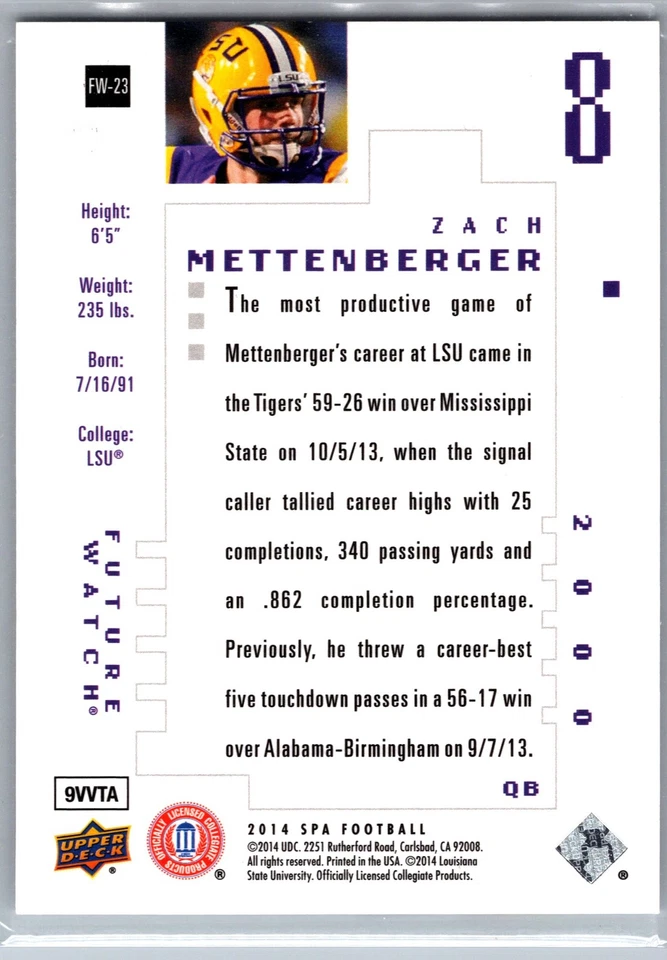 2014 SP Authentic #FW-23 Zach Mettenberger Future Watch #/999 - Image 2 of 2