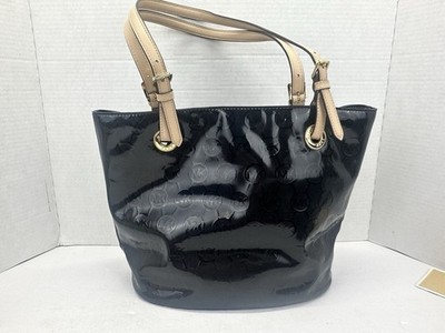 Michael Kors Signature Black Patent Leather Monogram Jet Set Shoulder Bag Tote