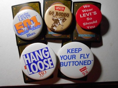 AD0231: 5 cello pinback buttons for Levi's Jeans including Go Rodeo