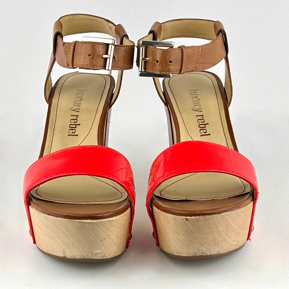 Luxury Rebel Fern Neon Coral Red Patent Leather 6.5-7/37.5 Wood Platform Sandal - Image 3 of 4
