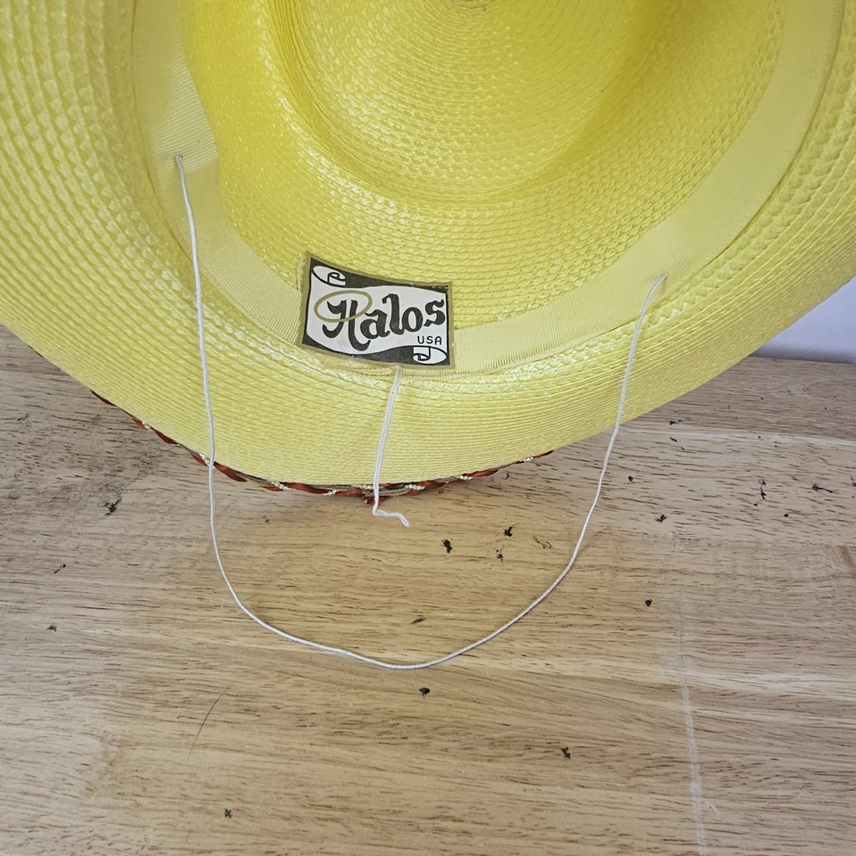Halos USA Yellow Straw Fruit Trim Hat Wide Brim Vintage Summer Resort Garden - Image 4 of 4