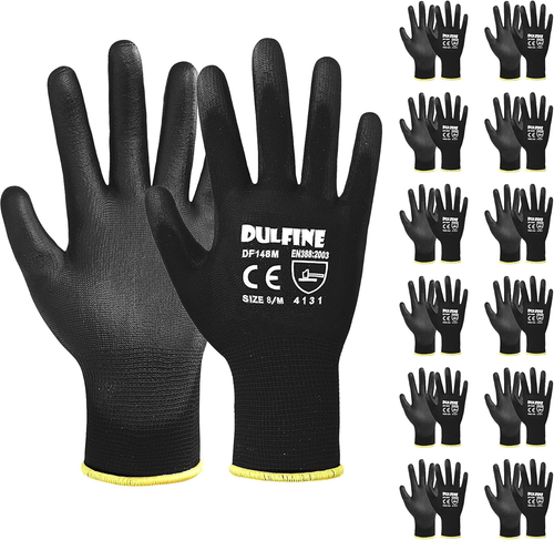 Guantes de Trabajo PU Ultrafinos 12 Pares Negro Agarre Excelente Talla S - Picture 10 of 12