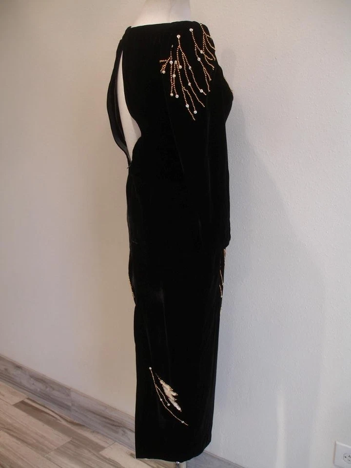 Women's XS S Vtg 1980's Asian Cheongsam Dress Sequin Floral Black Velvet Tunic - Image 2 of 4