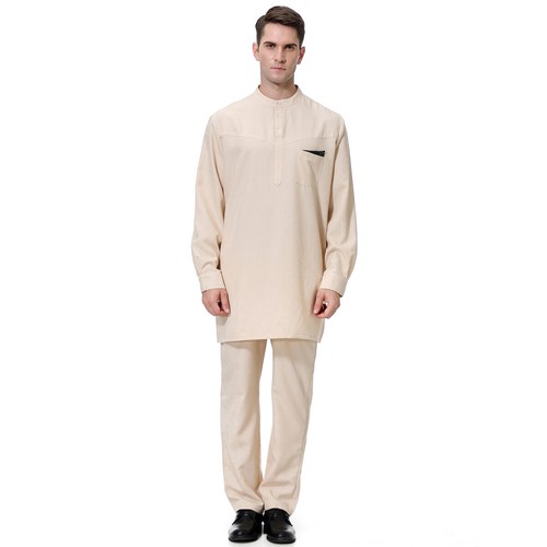 Men Thobe Jubba Two Piece Men Kaftan Top Long Pant Set Muslim Men Robe Dishdasha - Picture 26 of 42