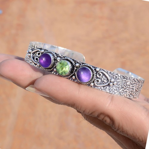 Amethyst & Peridot Cut Gemstone Cuff 925 Sterling Silver Bracelet For Everyone - Picture 6 of 7