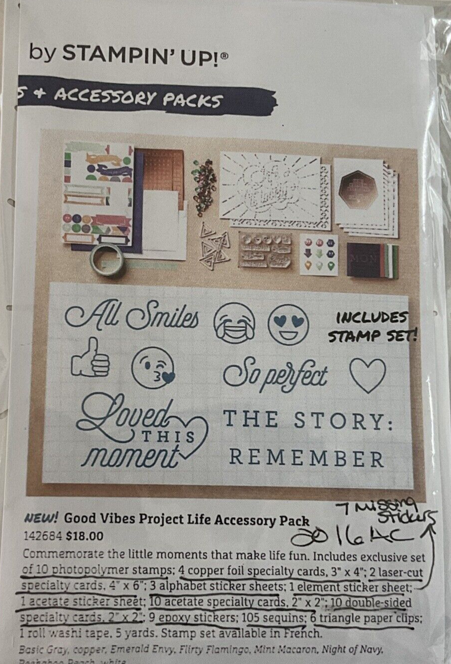 Project Life Card Kit Stampin Up GOOD VIBES Accessory 4x6 Missing 6 stickers