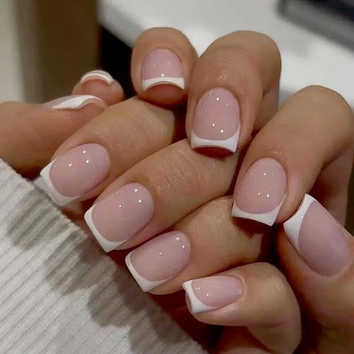 French Tip Press on Nails Short Square White Fake Nails Gel Glue on Nails with G